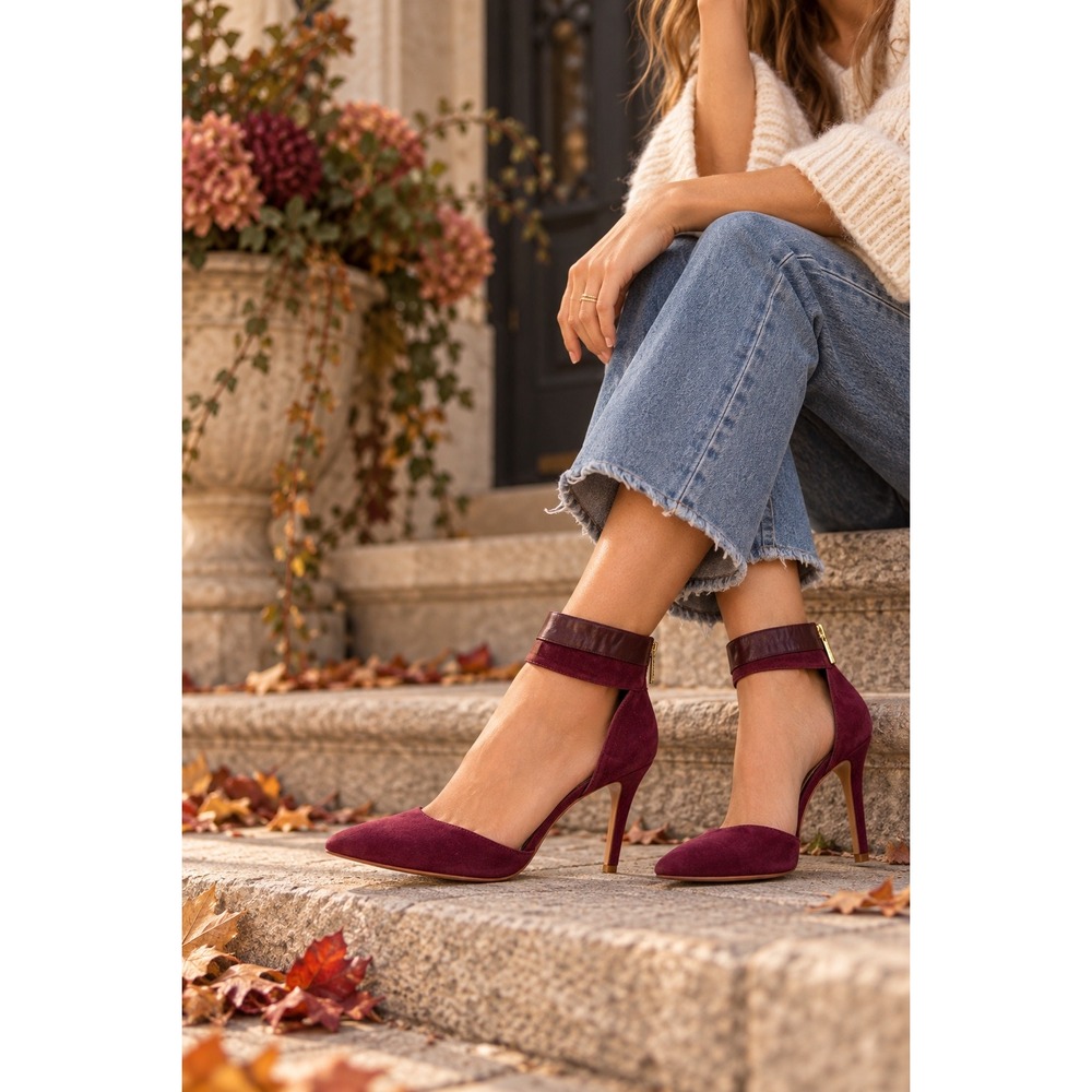 Gianni Bini Burgundy Wine Suede Leather Ankle Strap Pointed Toe Heels Pumps 10M